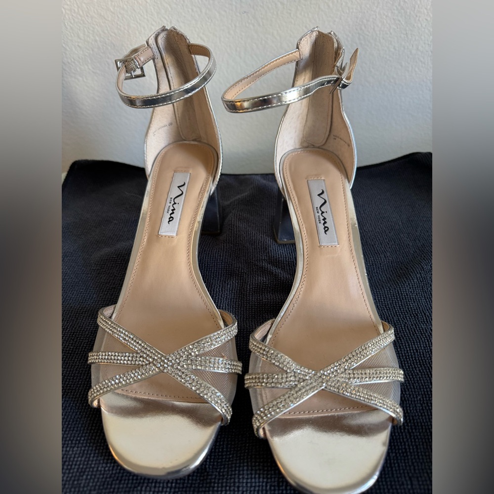 Nina Gold Strappy Heels with Rhinestones